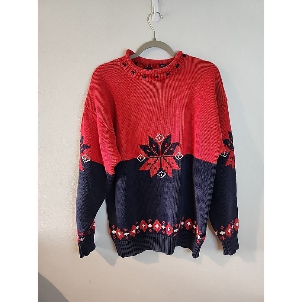 Vintage Gap Sweater Mens Medium Red Blue Fair Isle Snowflake Roll Neck Fisherman